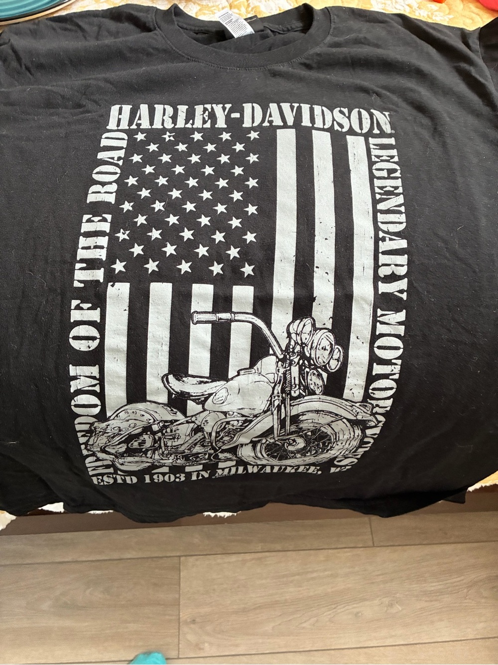 Harley-Davidson Black T-Shirt with White Flag & Motorcycle Graphic